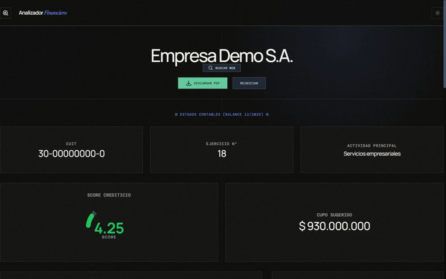 Resumen del Analizador Financiero con datos de una empresa demostrativa