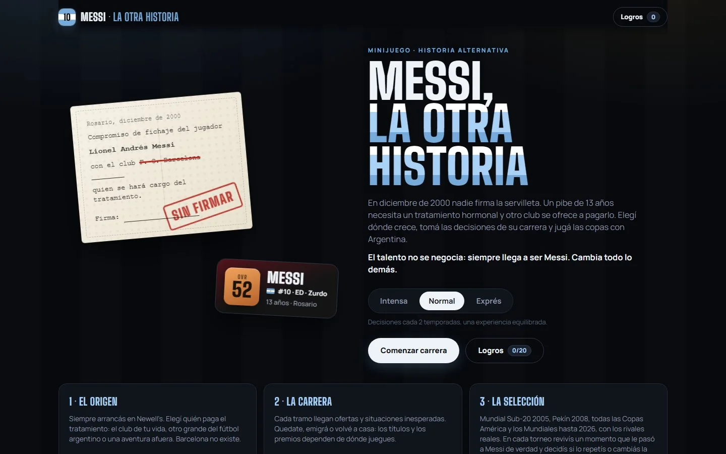 Pantalla inicial de Messi · La otra historia