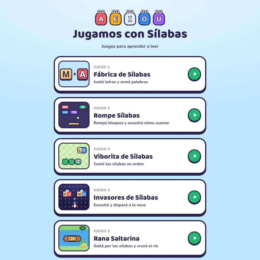 Menú de Jugamos con Sílabas dentro de Arcadia