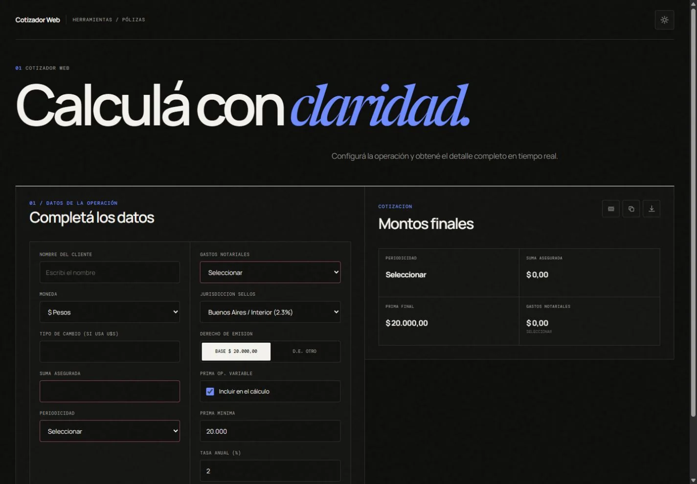 Formulario inicial de Cotizador Web
