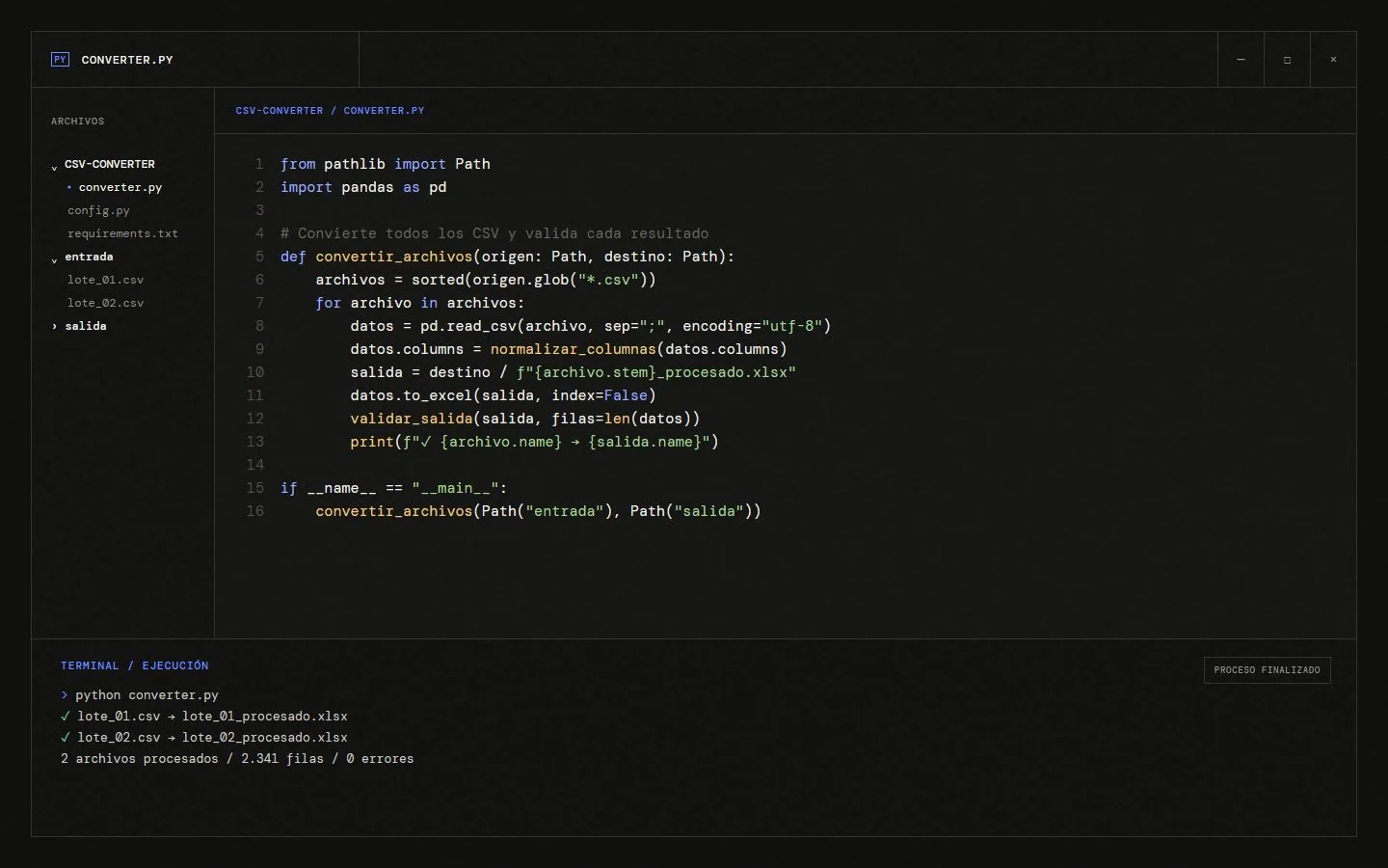 Código Python de CSV Converter ejecutándose en una terminal integrada