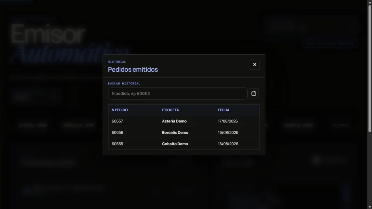 Historial de pedidos emitidos en Emisor Automático