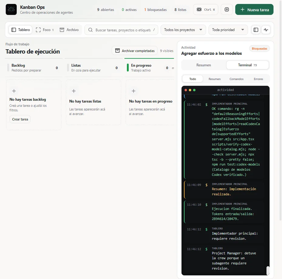 Actividad y terminal en tiempo real de Kanban Ops