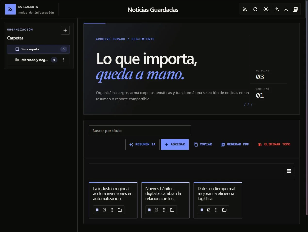 Biblioteca de noticias guardadas de NotiAlerts