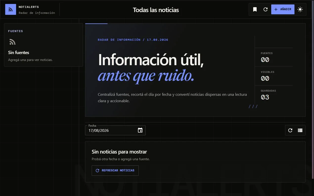 Pantalla principal de NotiAlerts para consultar noticias