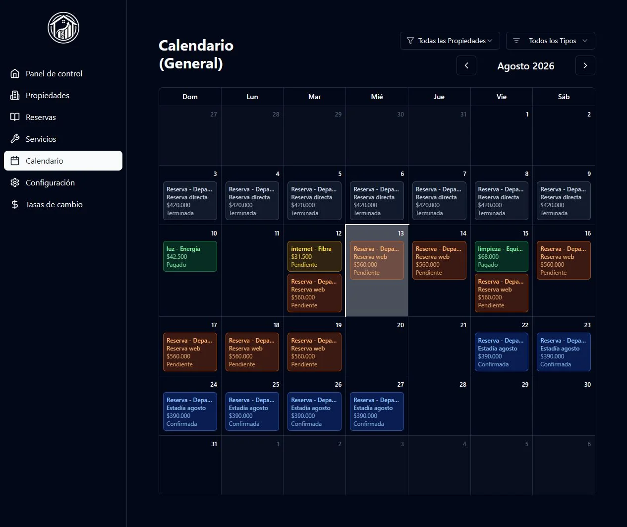 Calendario general de PropiApp Web