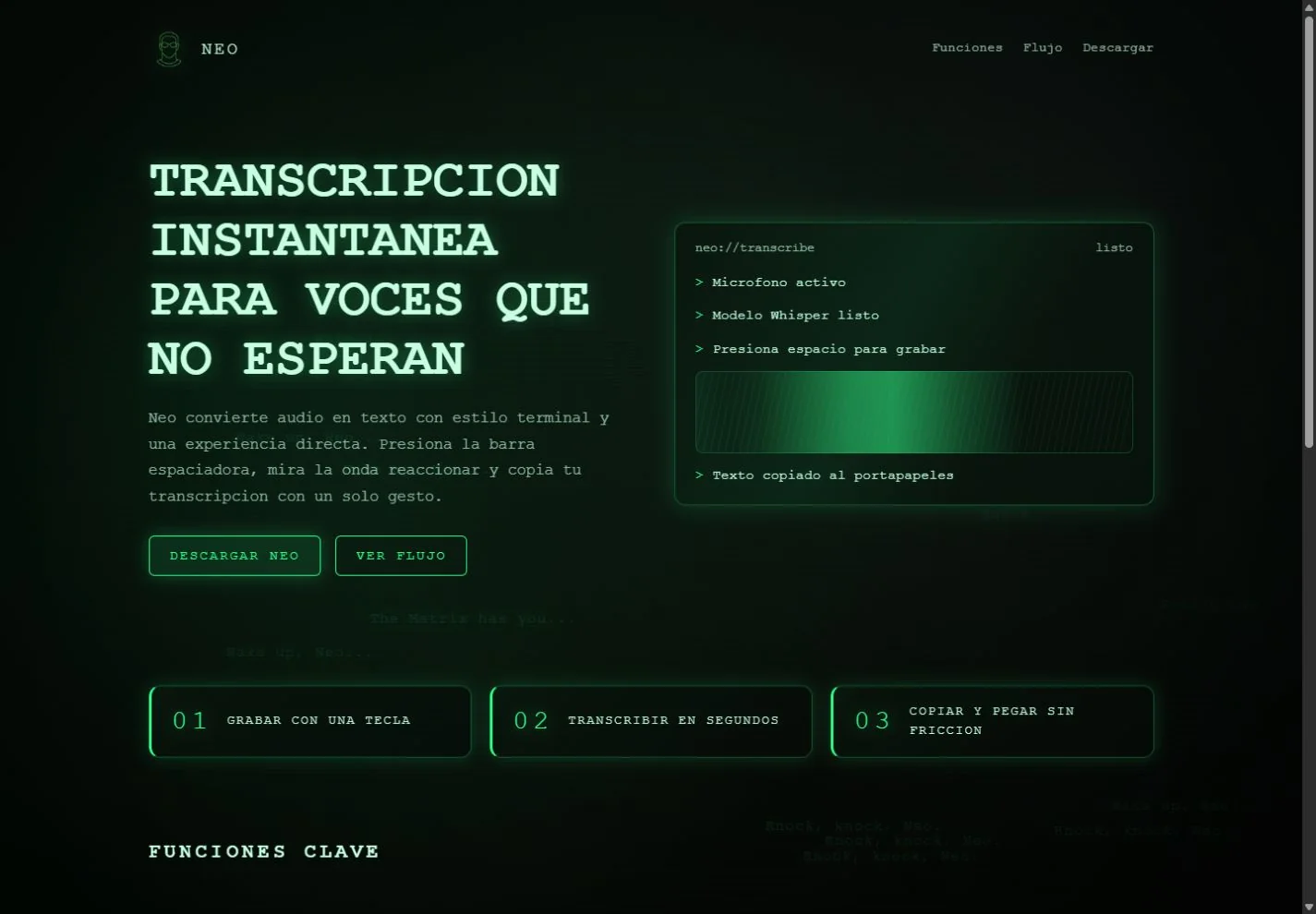 Página de presentación de Neo Whisper