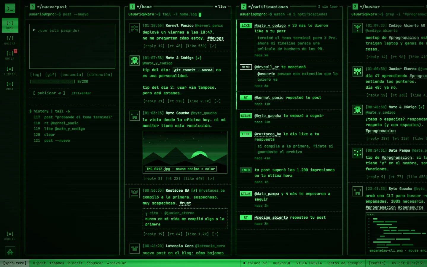 X Pro con el tema terminal verde fósforo de xpro-term